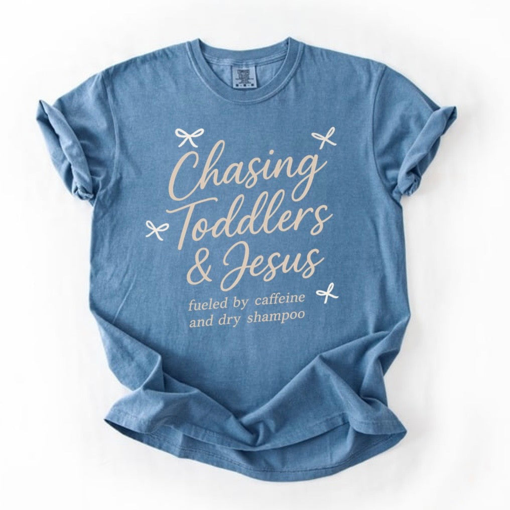 Chasing toddler and Jesus T-shirt
